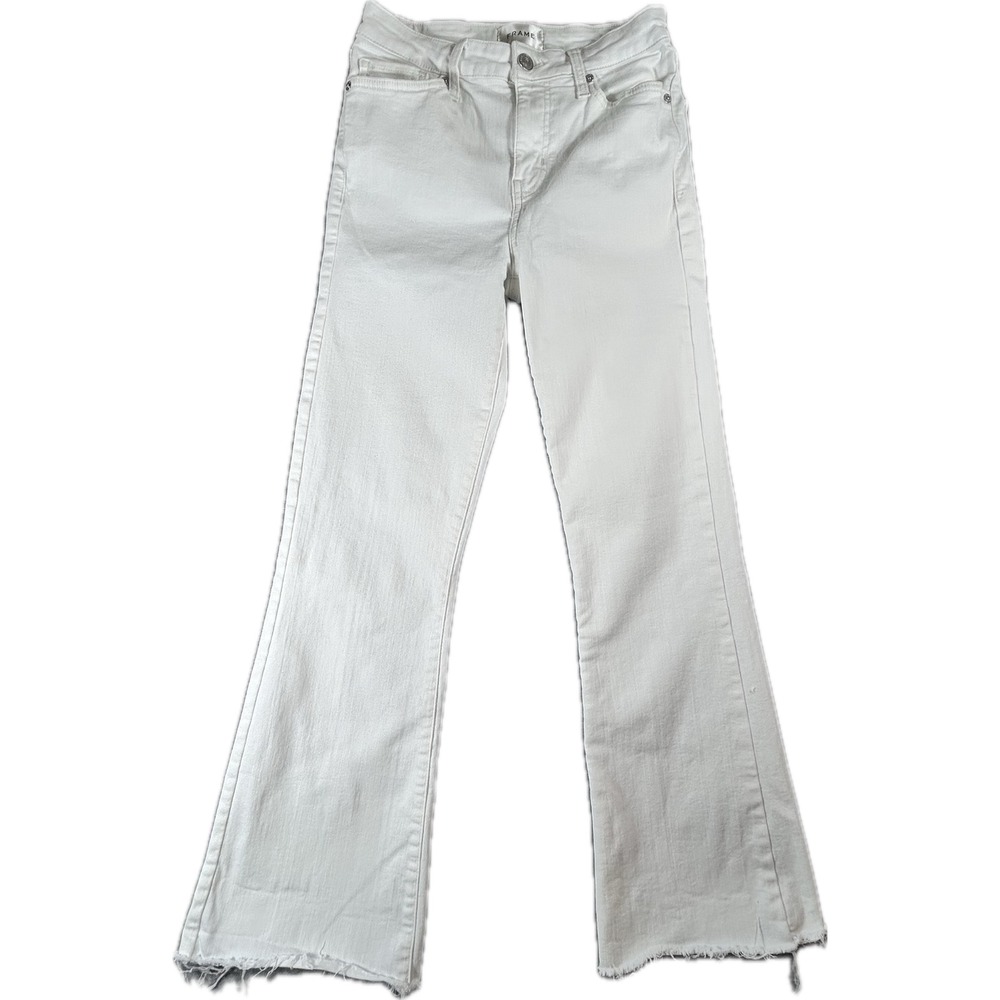 Frame Le High Flare Jeans White Raw Hem Stretch Denim Size 26 OPLCMRA403